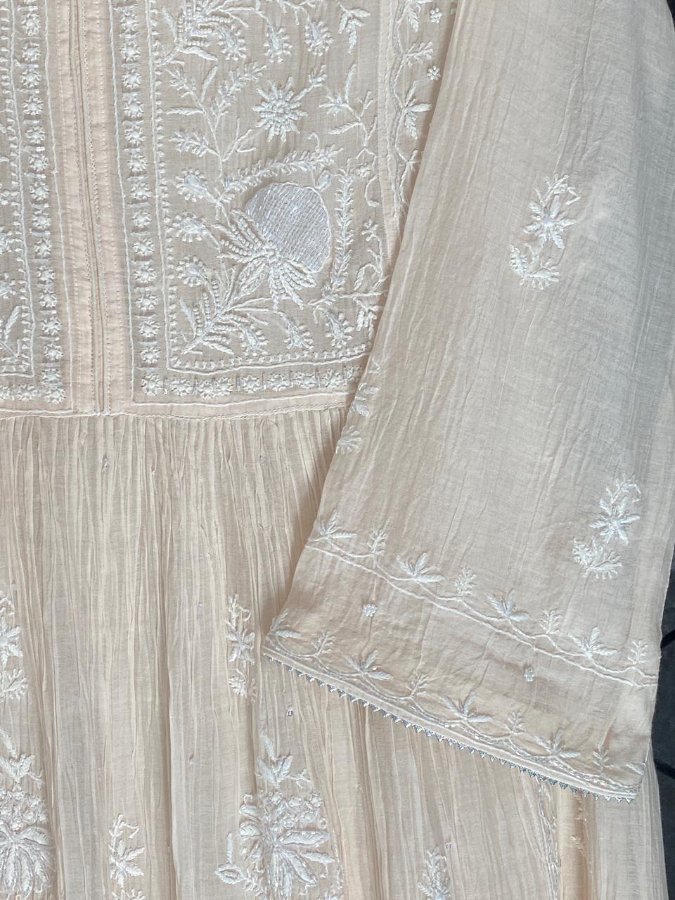 Pink Mul Chanderi Chikankari Front Tuck Kurta Set