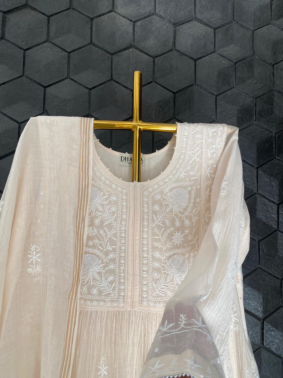 Pink Mul Chanderi Chikankari Front Tuck Kurta Set
