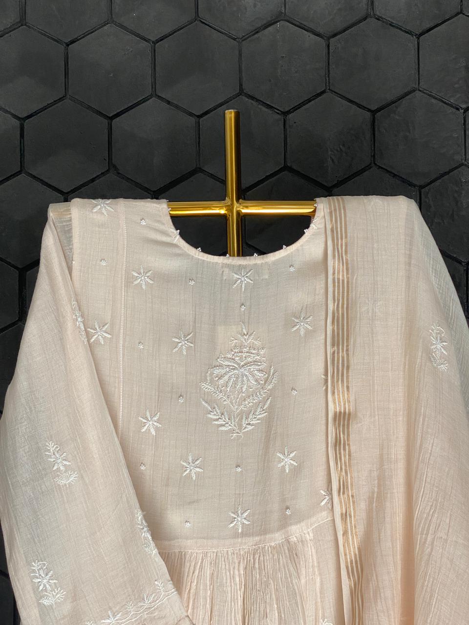 Pink Mul Chanderi Chikankari Front Tuck Kurta Set