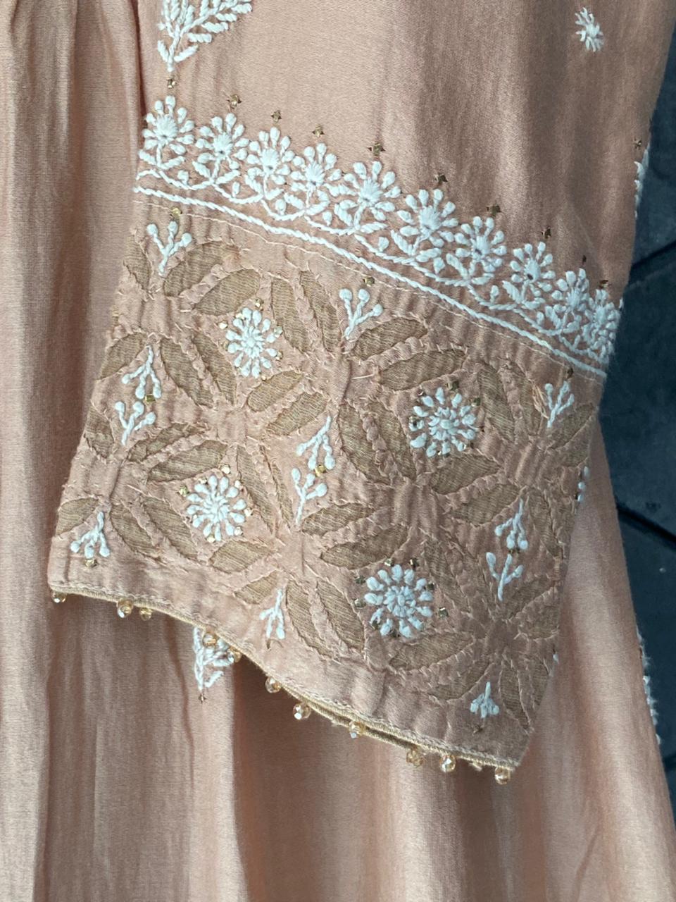 Brown chanderi chikankari anarkali set