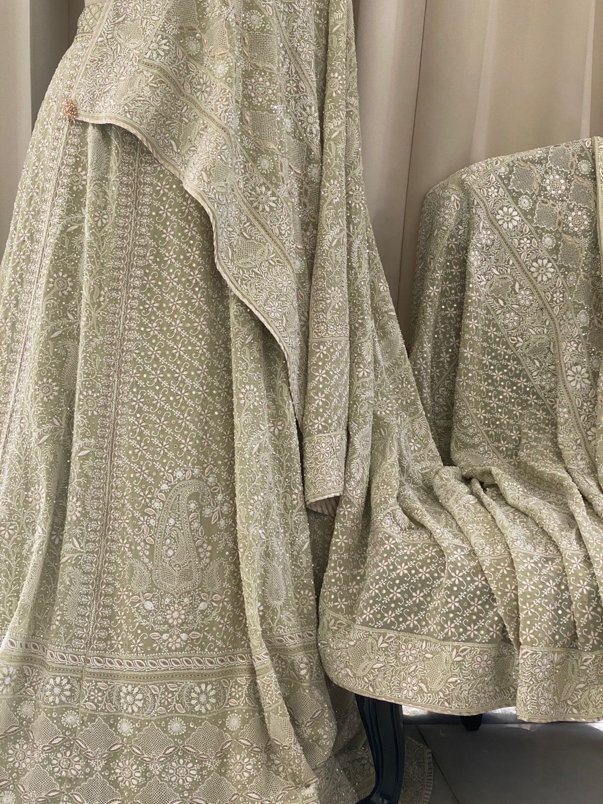 Sage Green Georgette Chikankari Lehenga Set with Sunflower Motifs