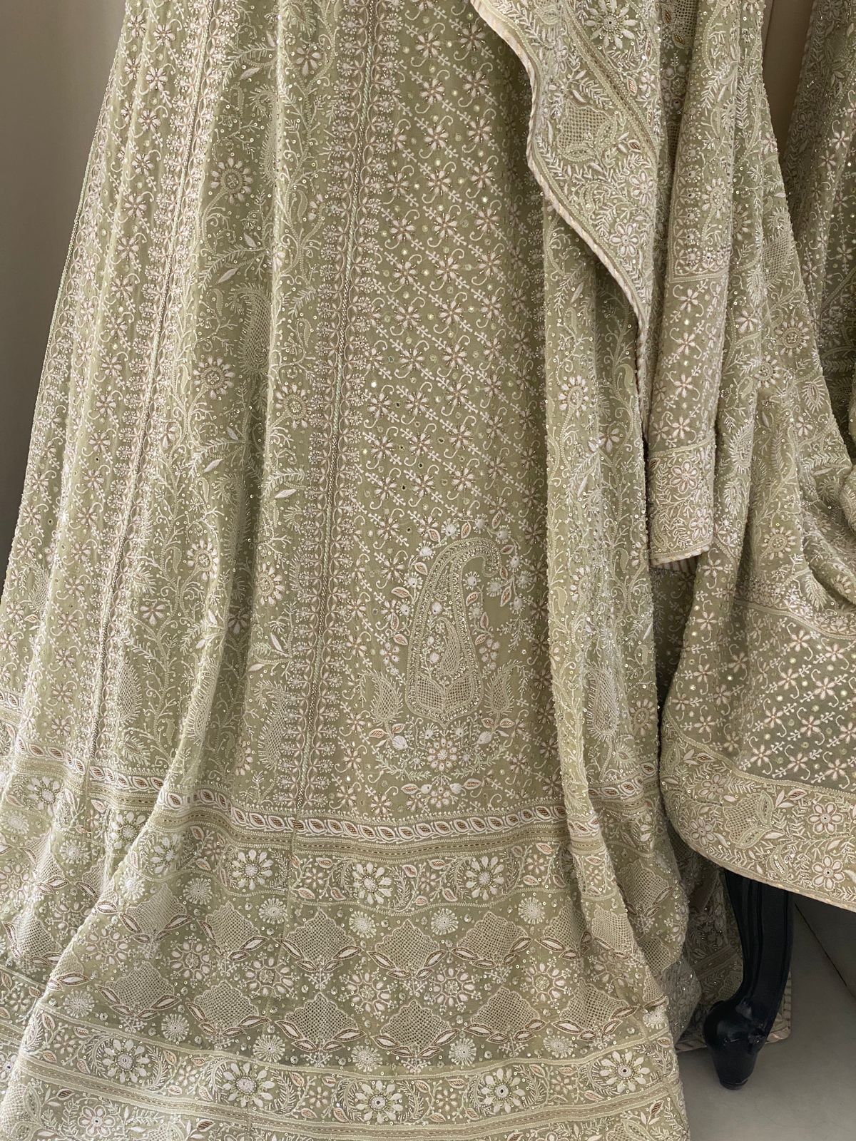 Sage Green Georgette Chikankari Lehenga Set with Sunflower Motifs