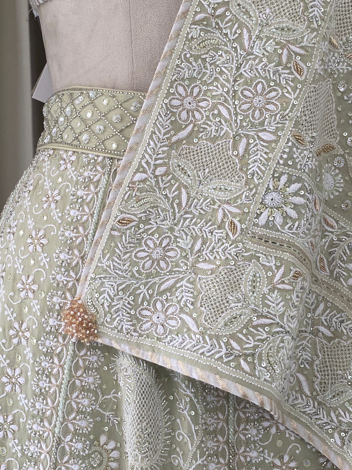 Sage Green Georgette Chikankari Lehenga Set with Sunflower Motifs