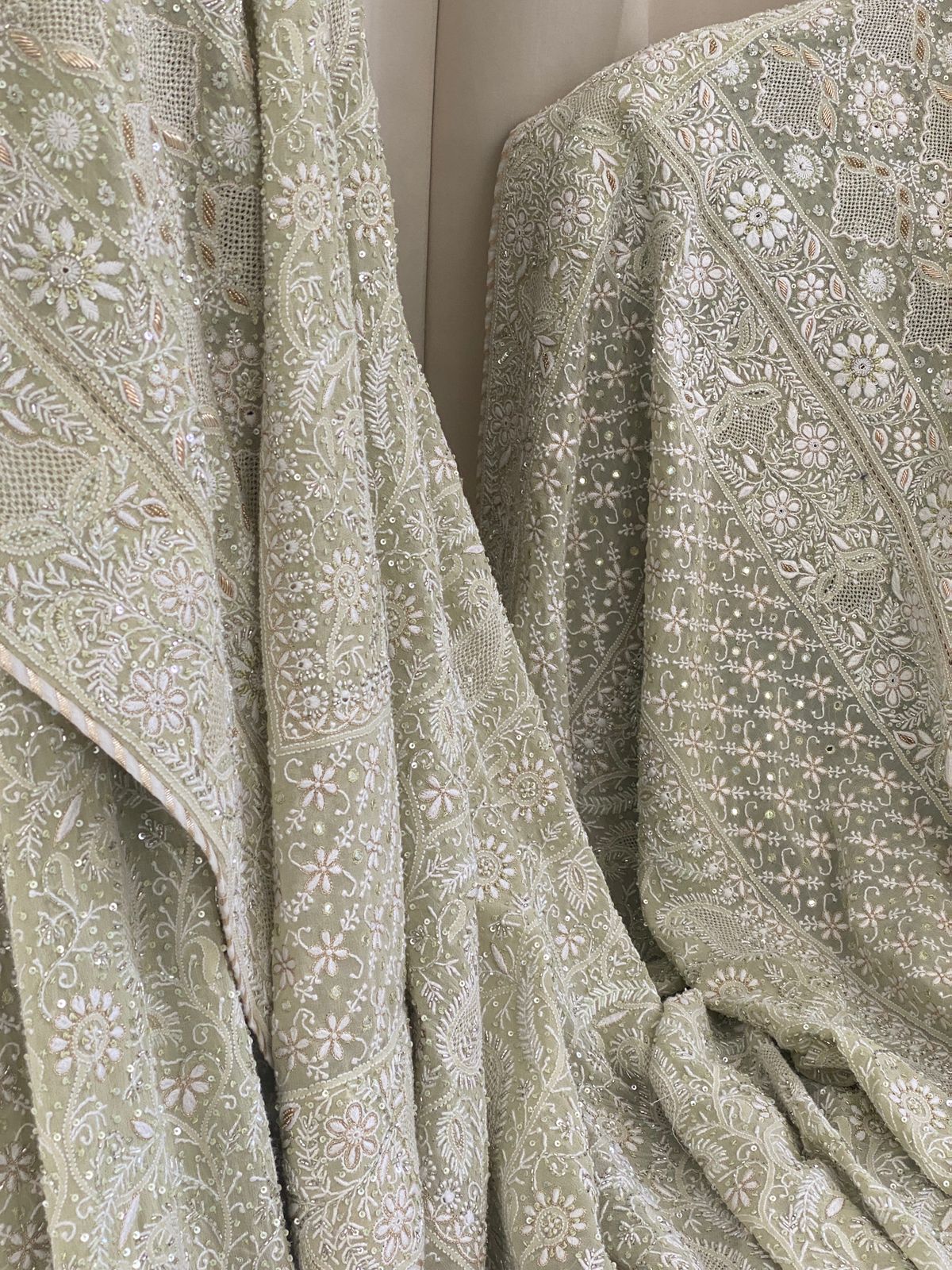 Sage Green Georgette Chikankari Lehenga Set with Sunflower Motifs