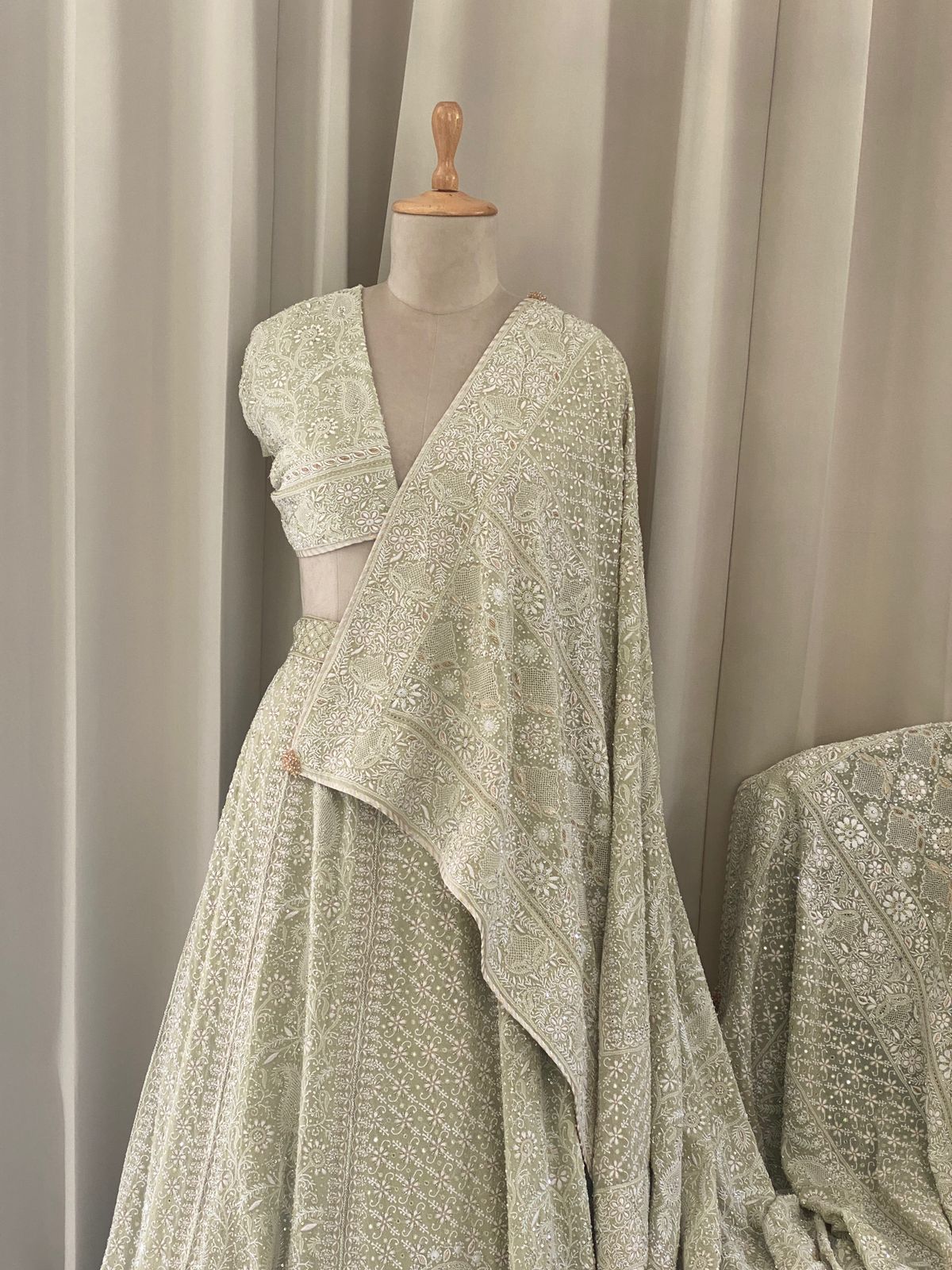 Sage Green Georgette Chikankari Lehenga Set with Sunflower Motifs