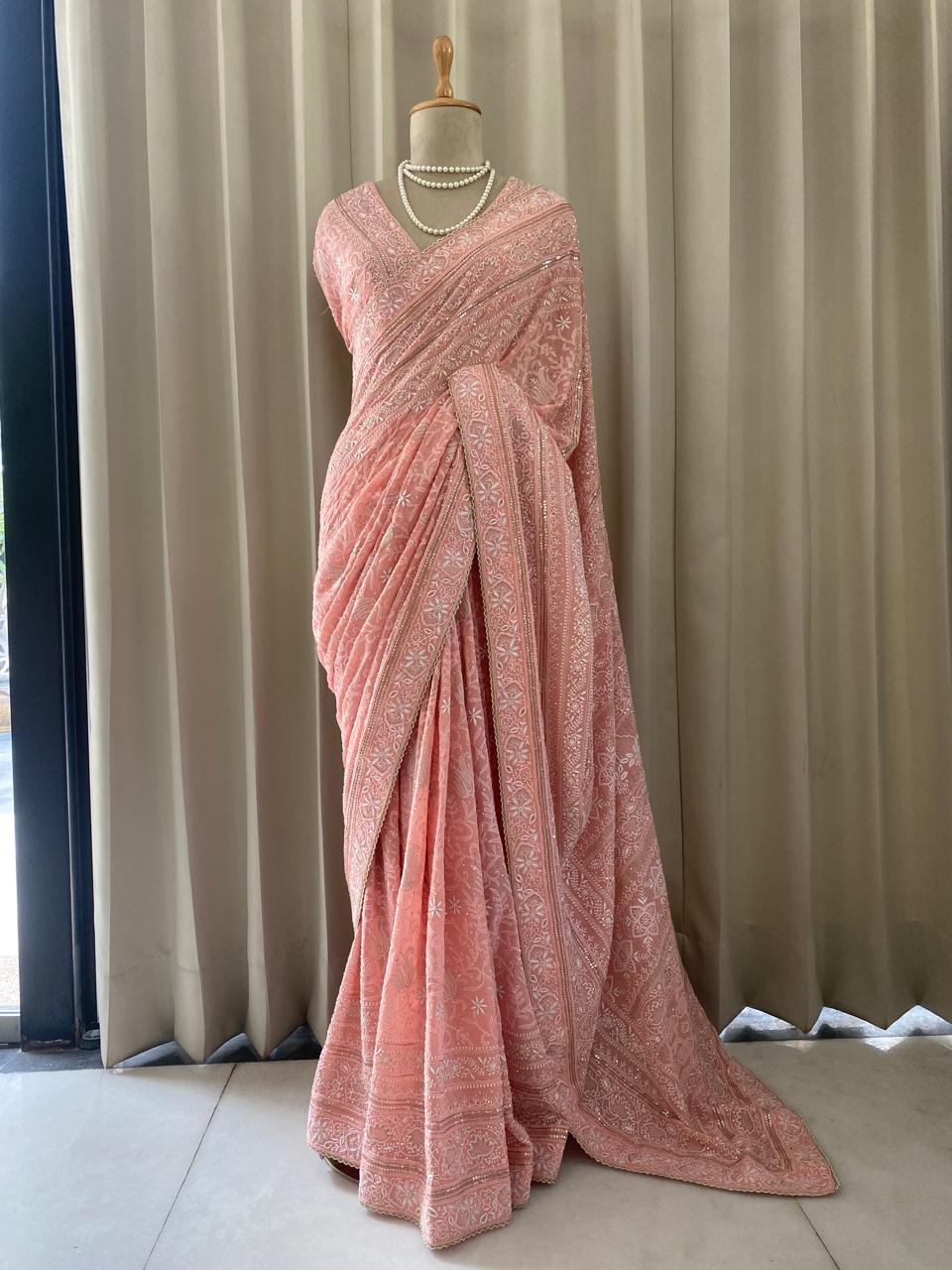 Pink Georgette Chikankari Saree with Lotus Motifs