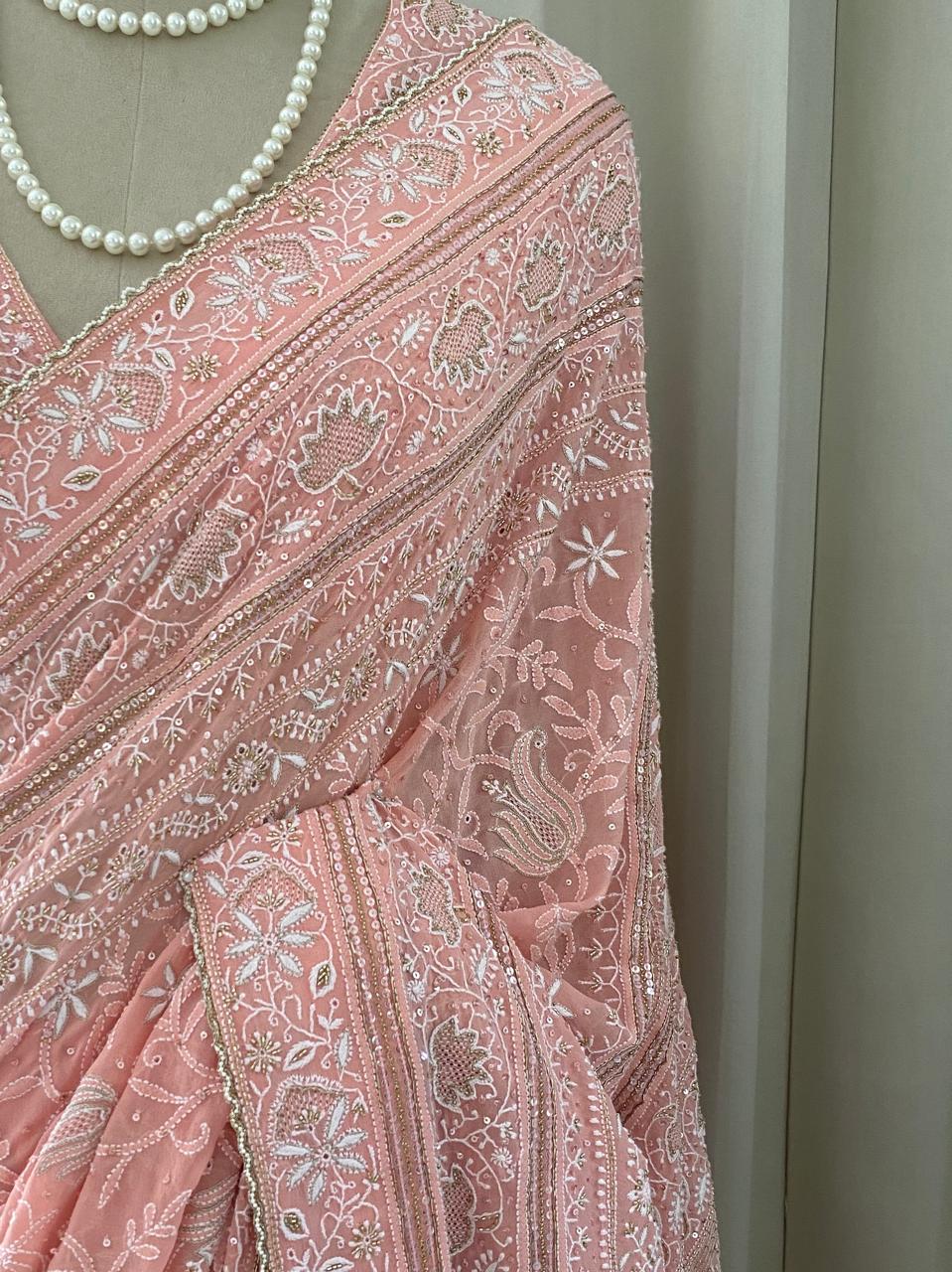 Pink Georgette Chikankari Saree with Lotus Motifs