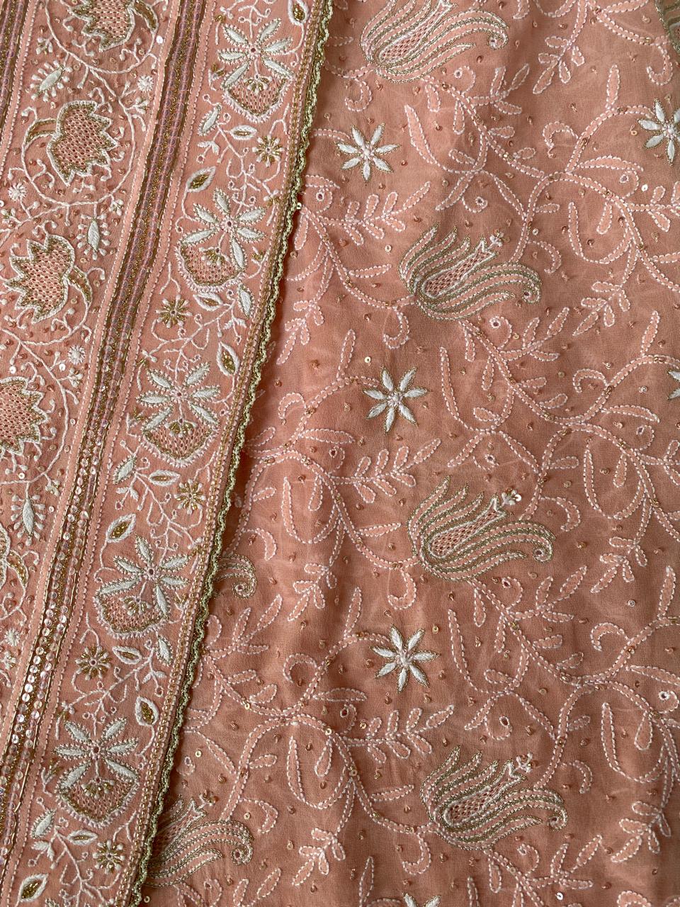 Pink Georgette Chikankari Saree with Lotus Motifs