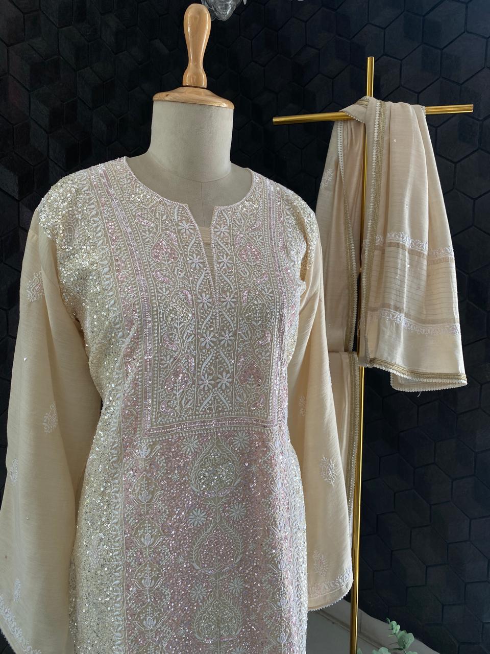 Beige Munga Silk Chikankari Kurta Set