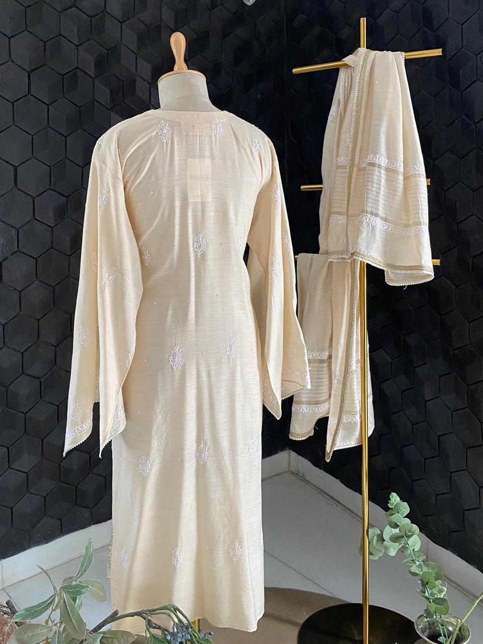 Beige Munga Silk Chikankari Kurta Set
