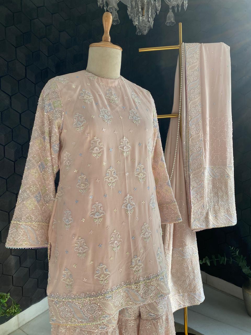 Blush Pink Georgette Chikankari Sharara Set