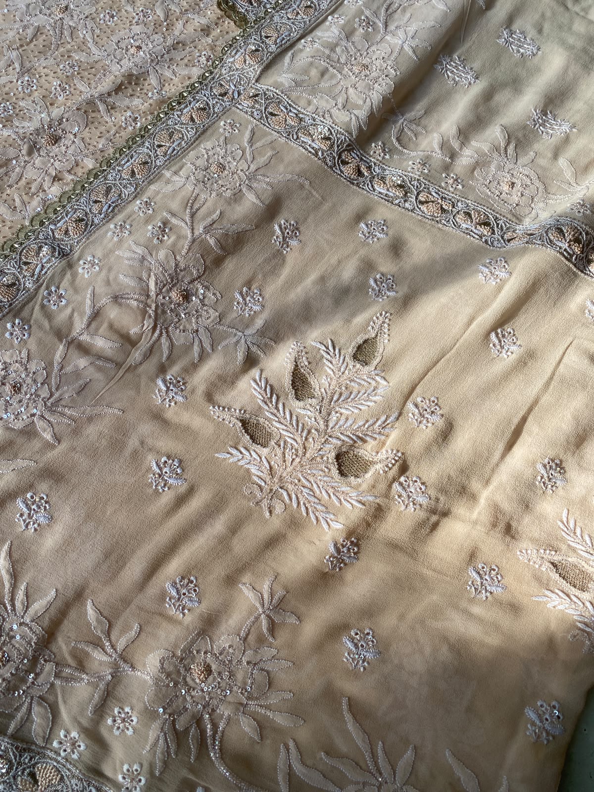 Peach Rose Georgette Chikankari Heavy Dupatta Set