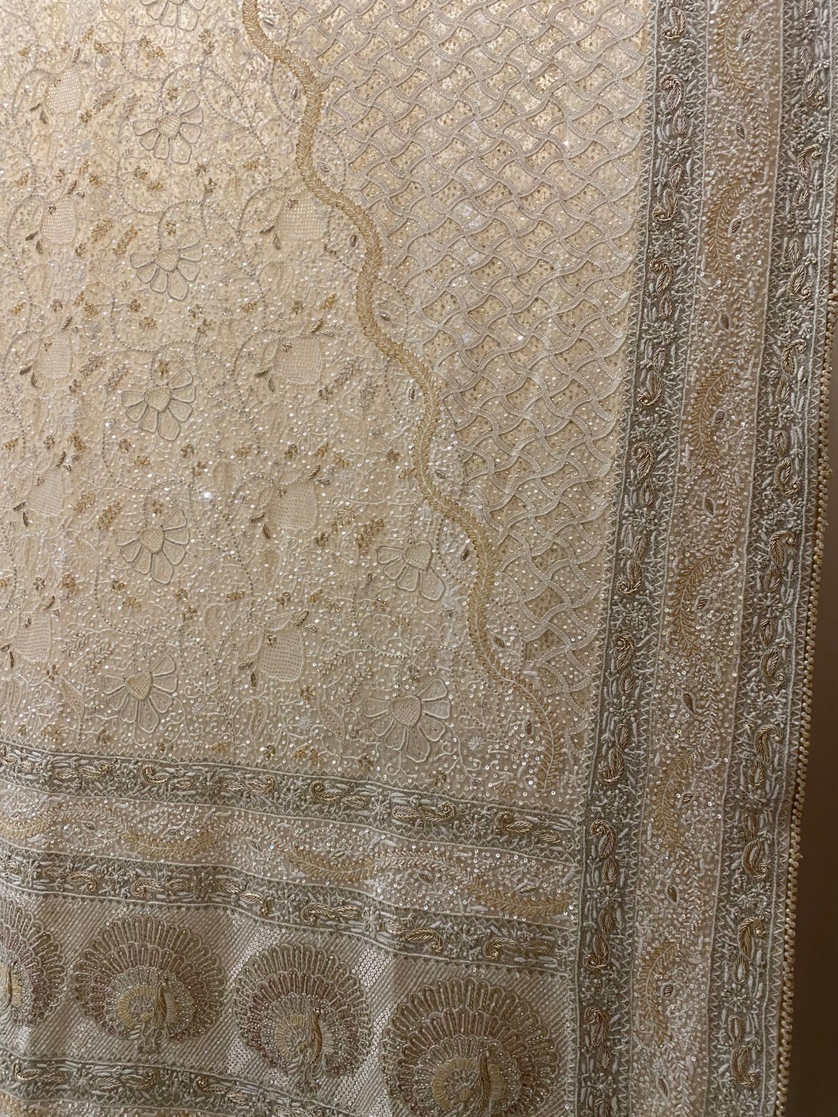 Ivory Gold Chikankari Jaal Peacock Motif Dupatta