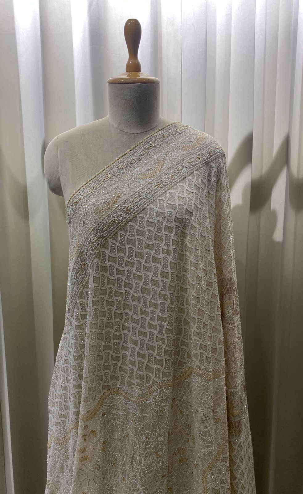 Ivory Gold Chikankari Jaal Peacock Motif Dupatta