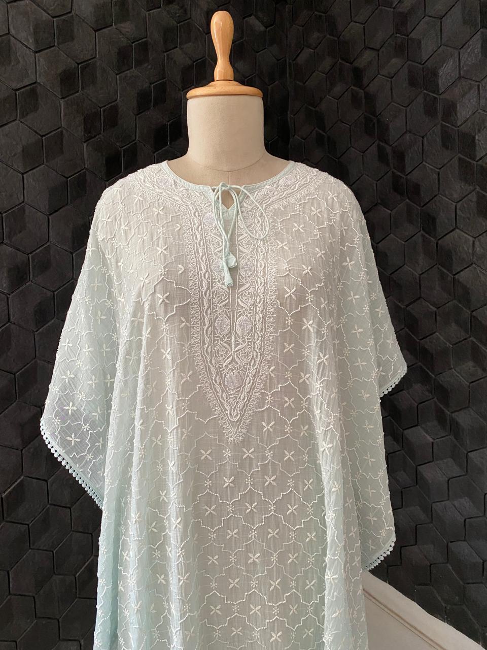 Sea Green Mul Chanderi Chikankari Kaftan