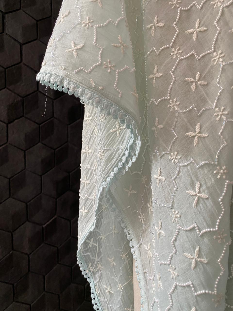 Sea Green Mul Chanderi Chikankari Kaftan