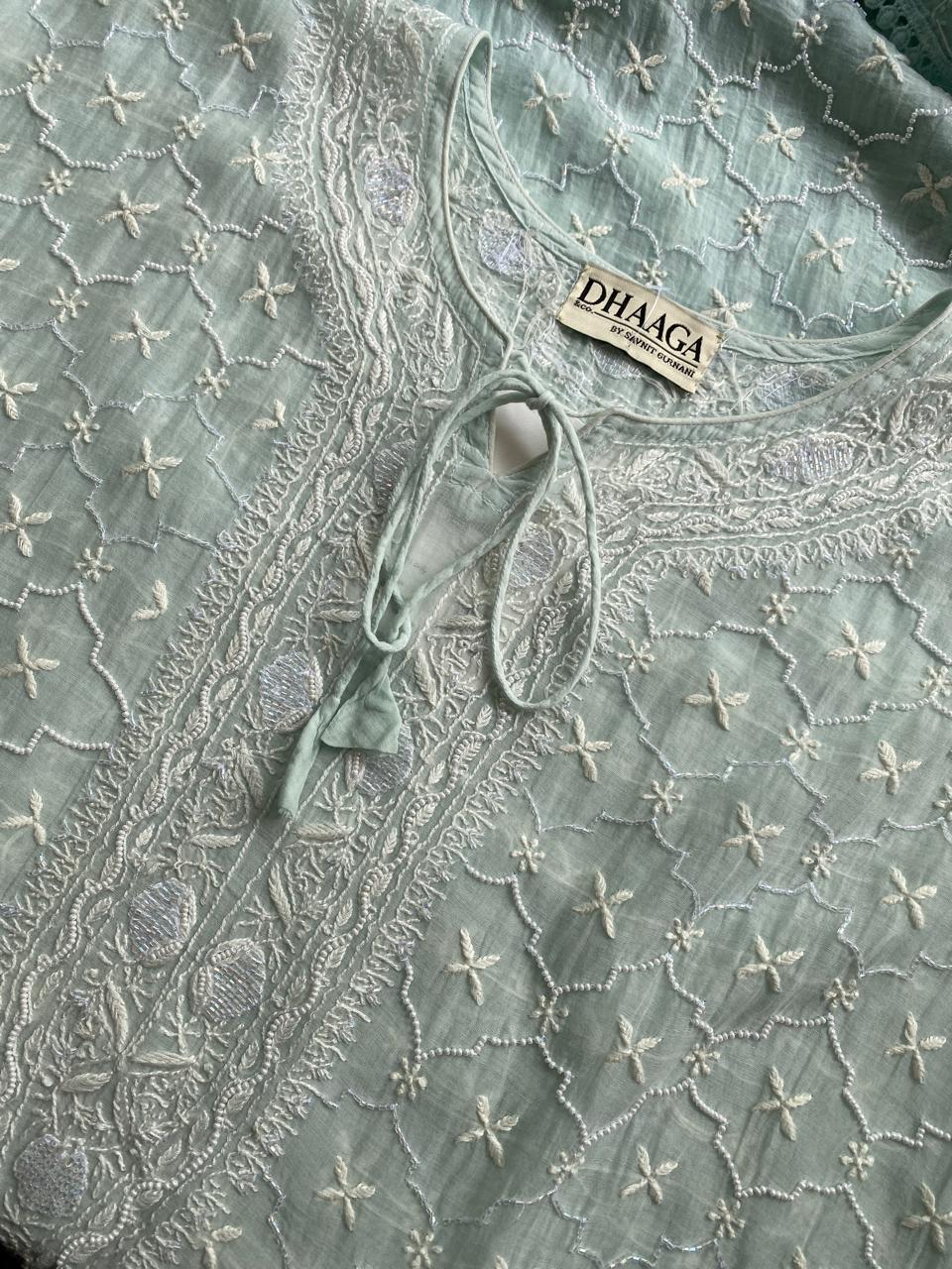 Sea Green Mul Chanderi Chikankari Kaftan