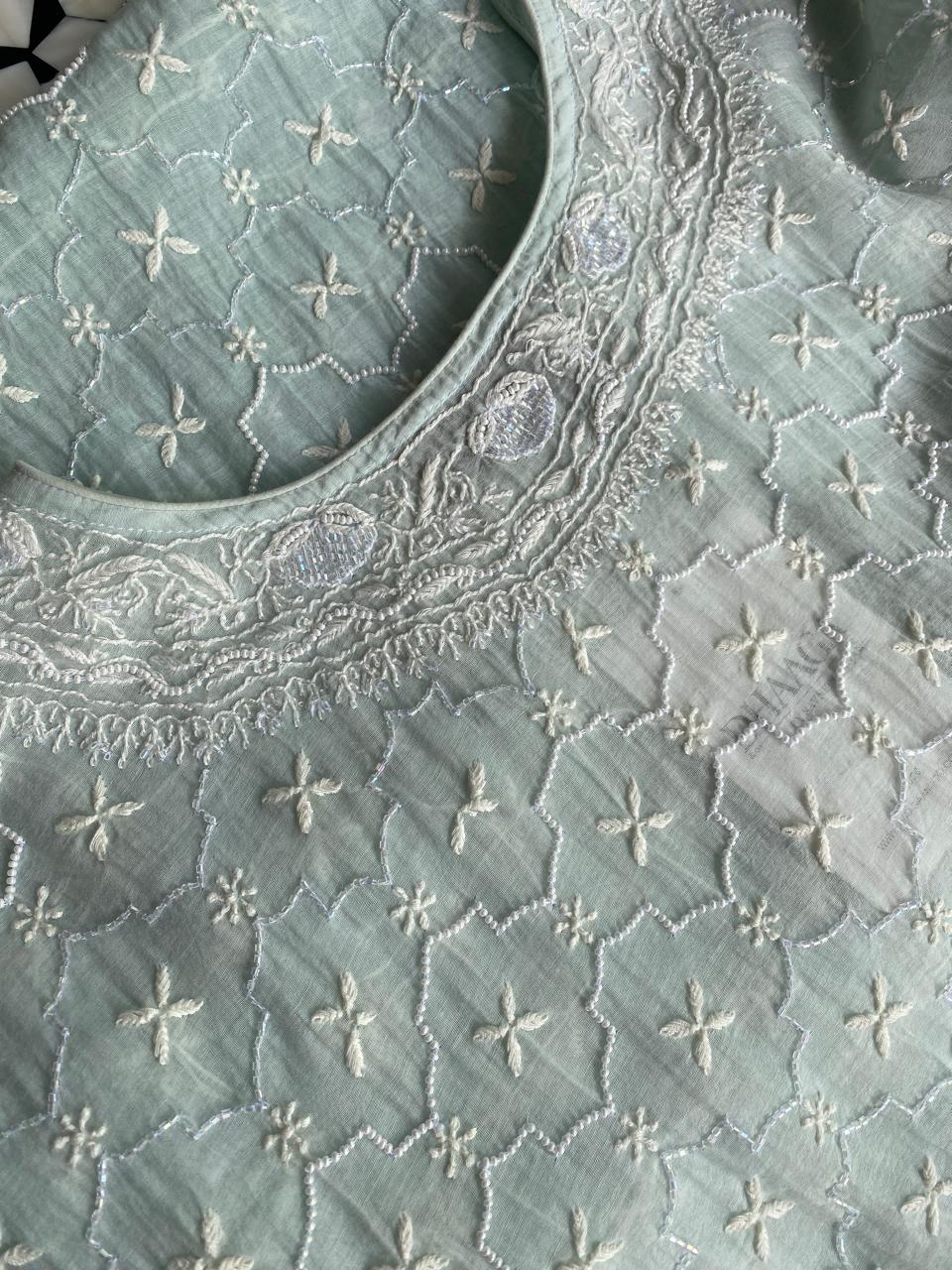 Sea Green Mul Chanderi Chikankari Kaftan