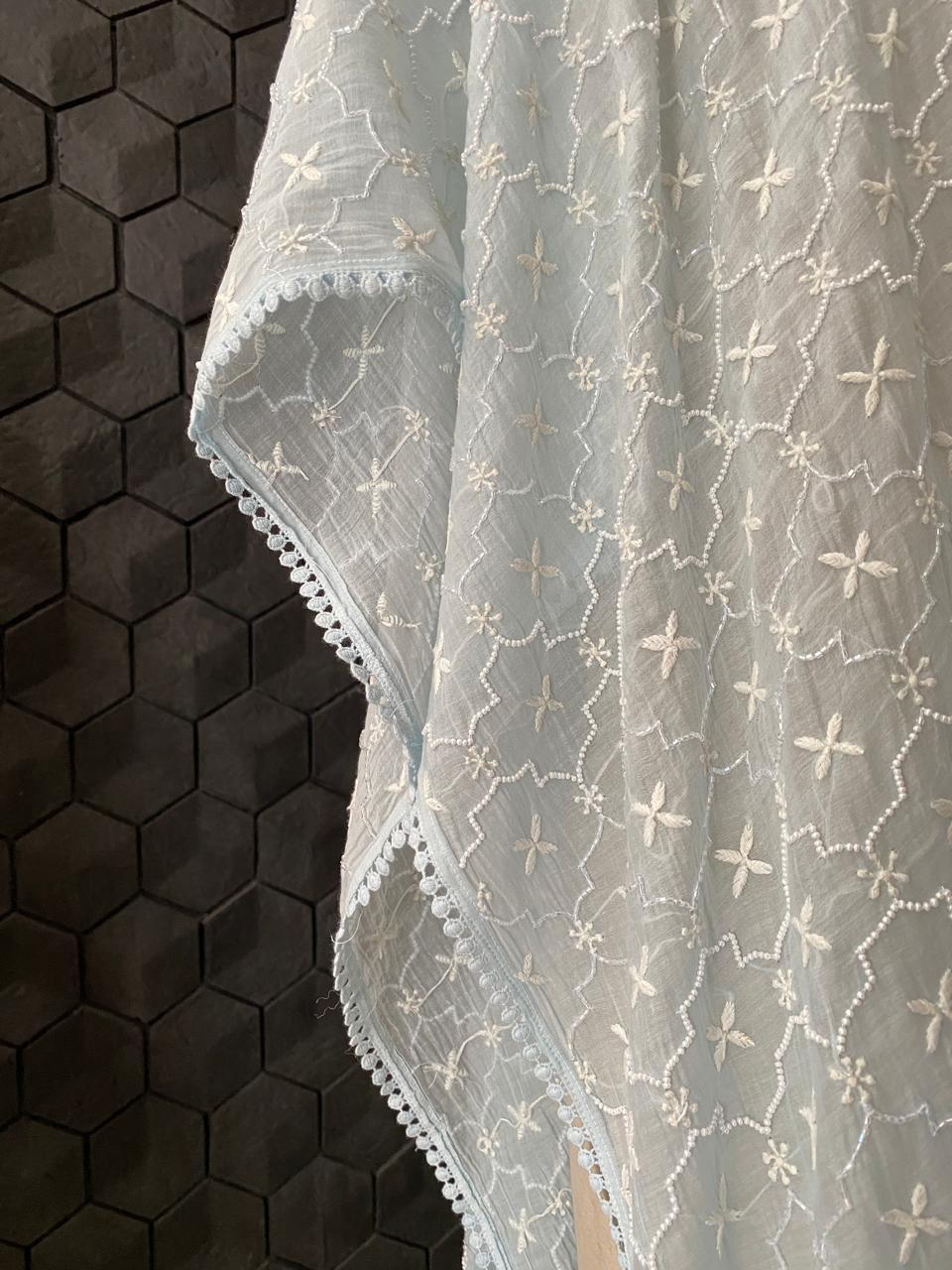 Sky Blue Mul Chanderi Chikankari Kaftan