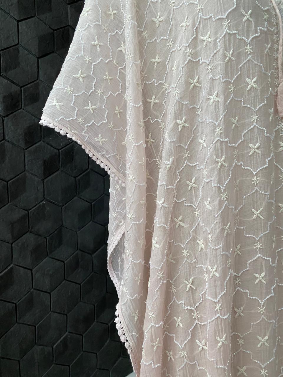 Blush Pink Mul Chanderi Chikankari Kaftan