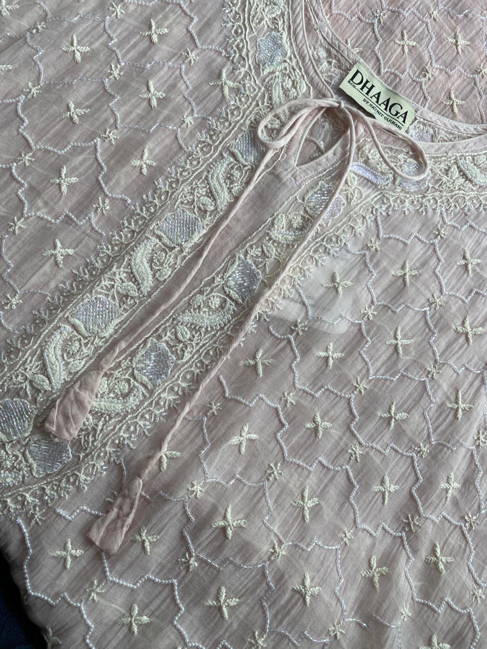 Blush Pink Mul Chanderi Chikankari Kaftan