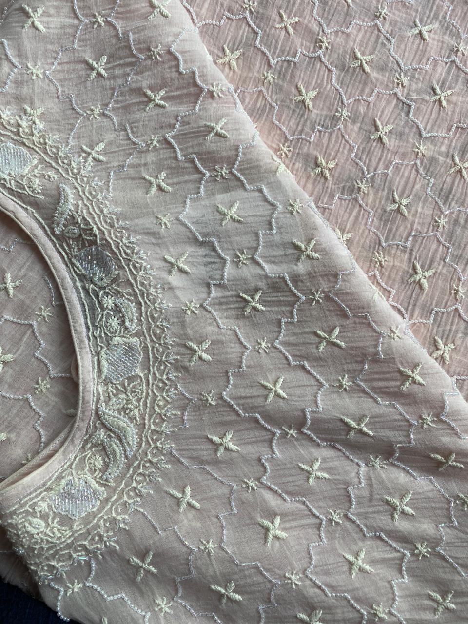 Blush Pink Mul Chanderi Chikankari Kaftan