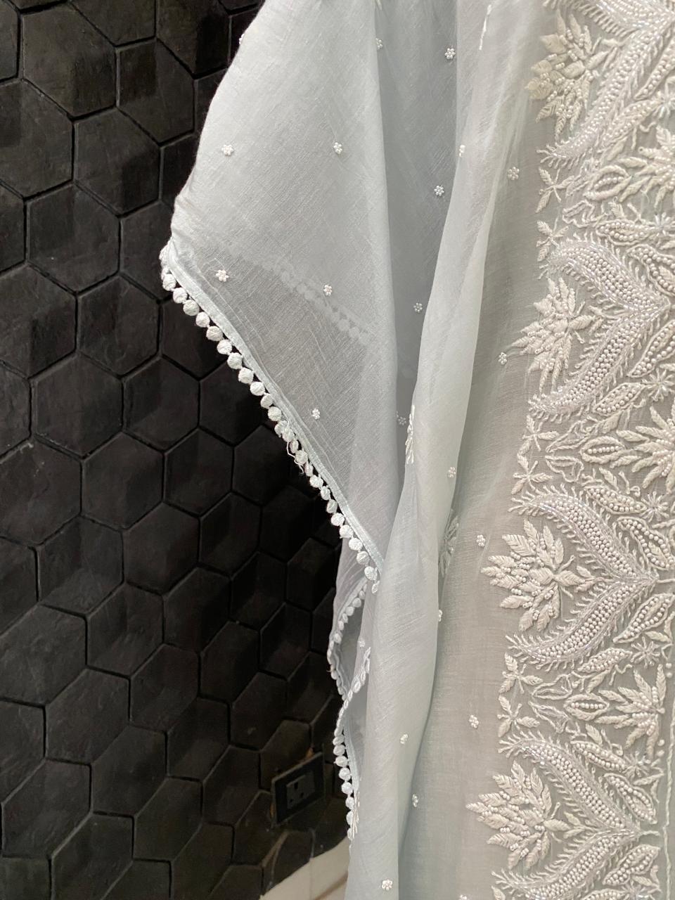 Sky Blue Mul Chanderi Chikankari Kaftan