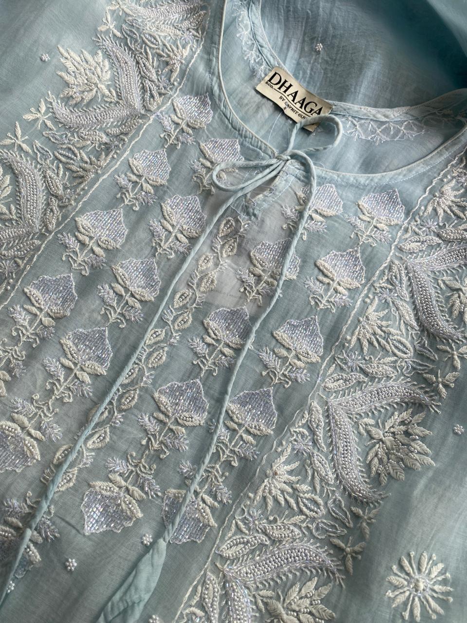 Sky Blue Mul Chanderi Chikankari Kaftan