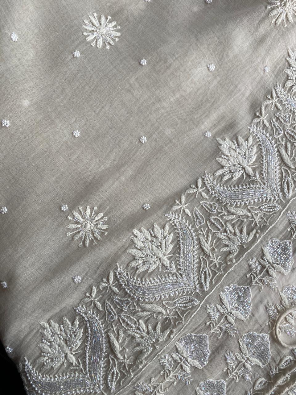 Sage Green Ombre Mul Chanderi Chikankari Kaftan