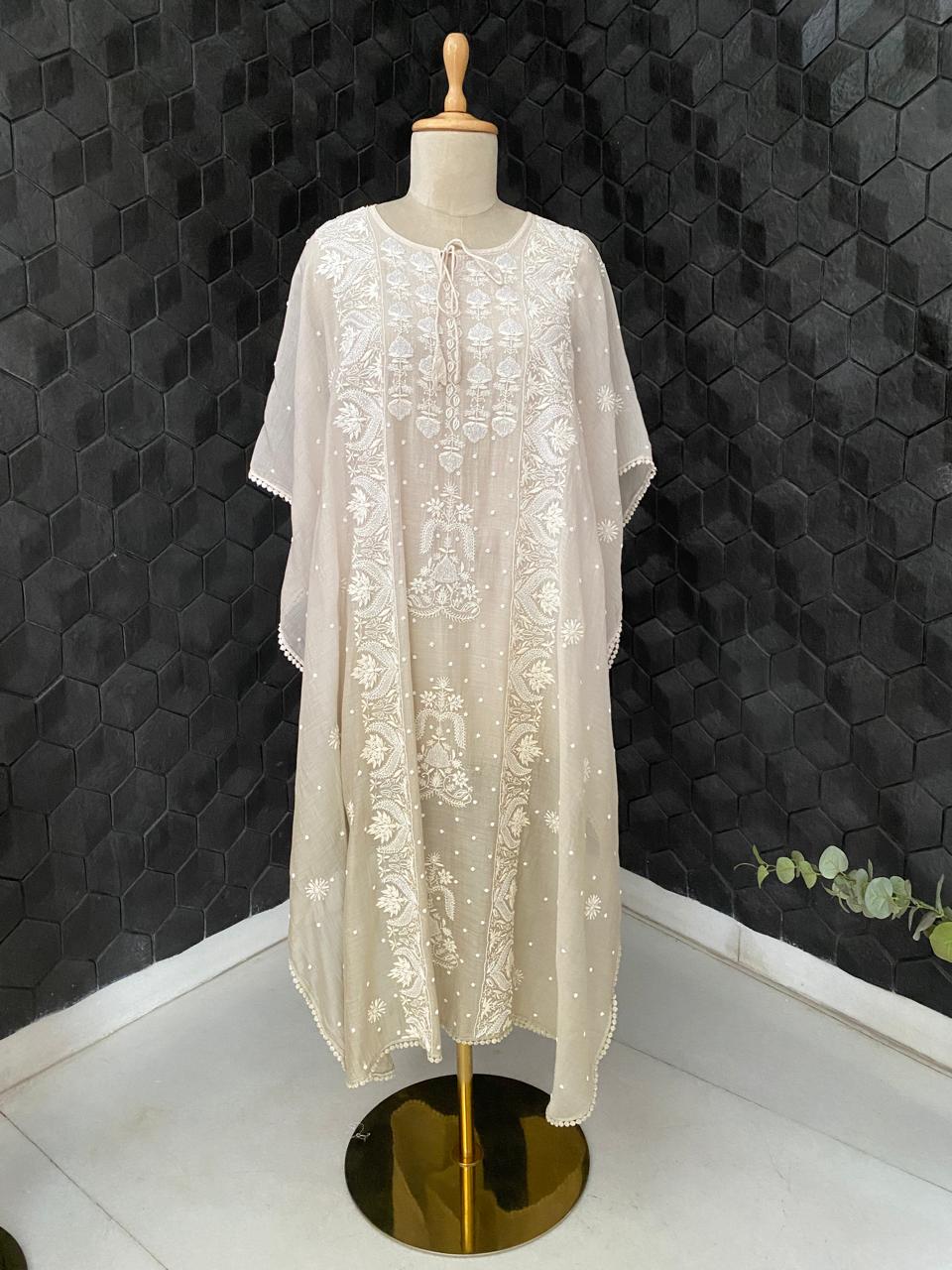 Sage Green Ombre Mul Chanderi Chikankari Kaftan