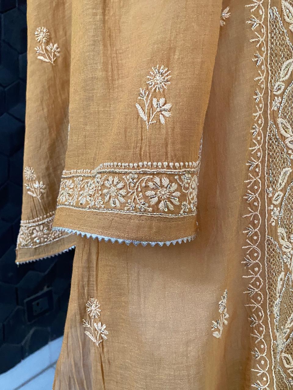 Mustard Yellow Tissue Chikankari Kurta Set with Cutdana