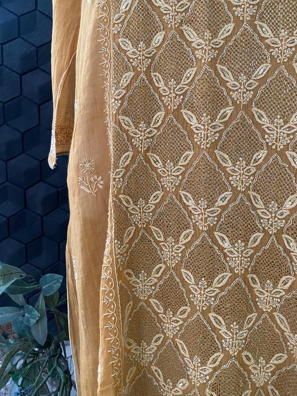 Mustard Yellow Tissue Chikankari Kurta Set with Cutdana