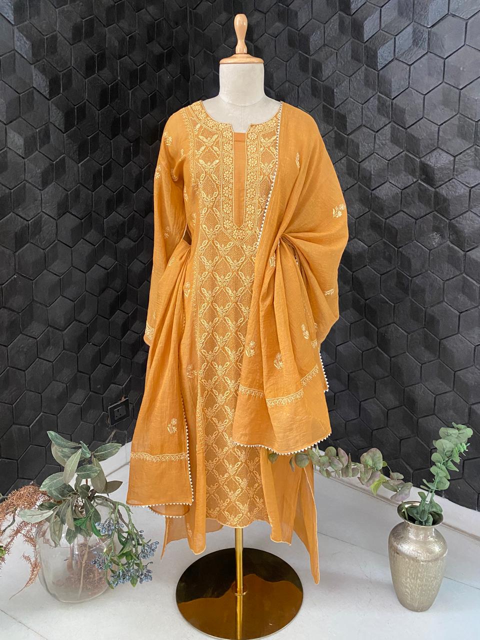 Mustard Yellow Tissue Chikankari Kurta Set with Cutdana