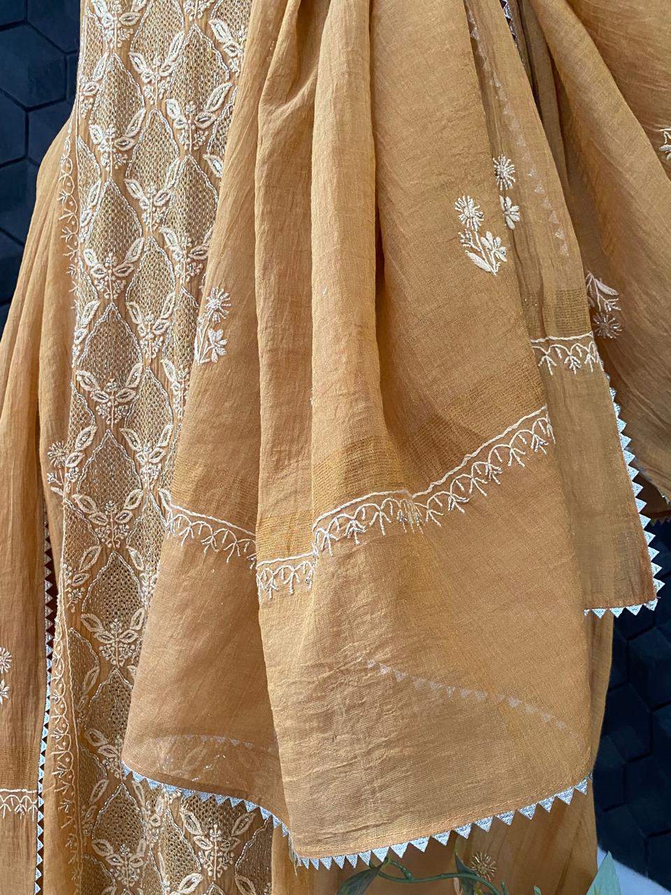 Mustard Yellow Tissue Chikankari Kurta Set with Cutdana