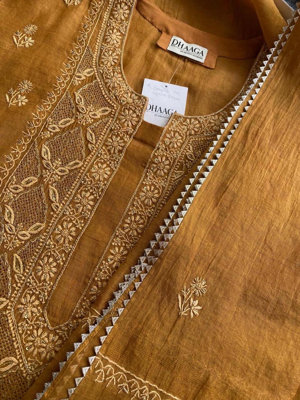 Mustard Yellow Tissue Chikankari Kurta Set with Cutdana