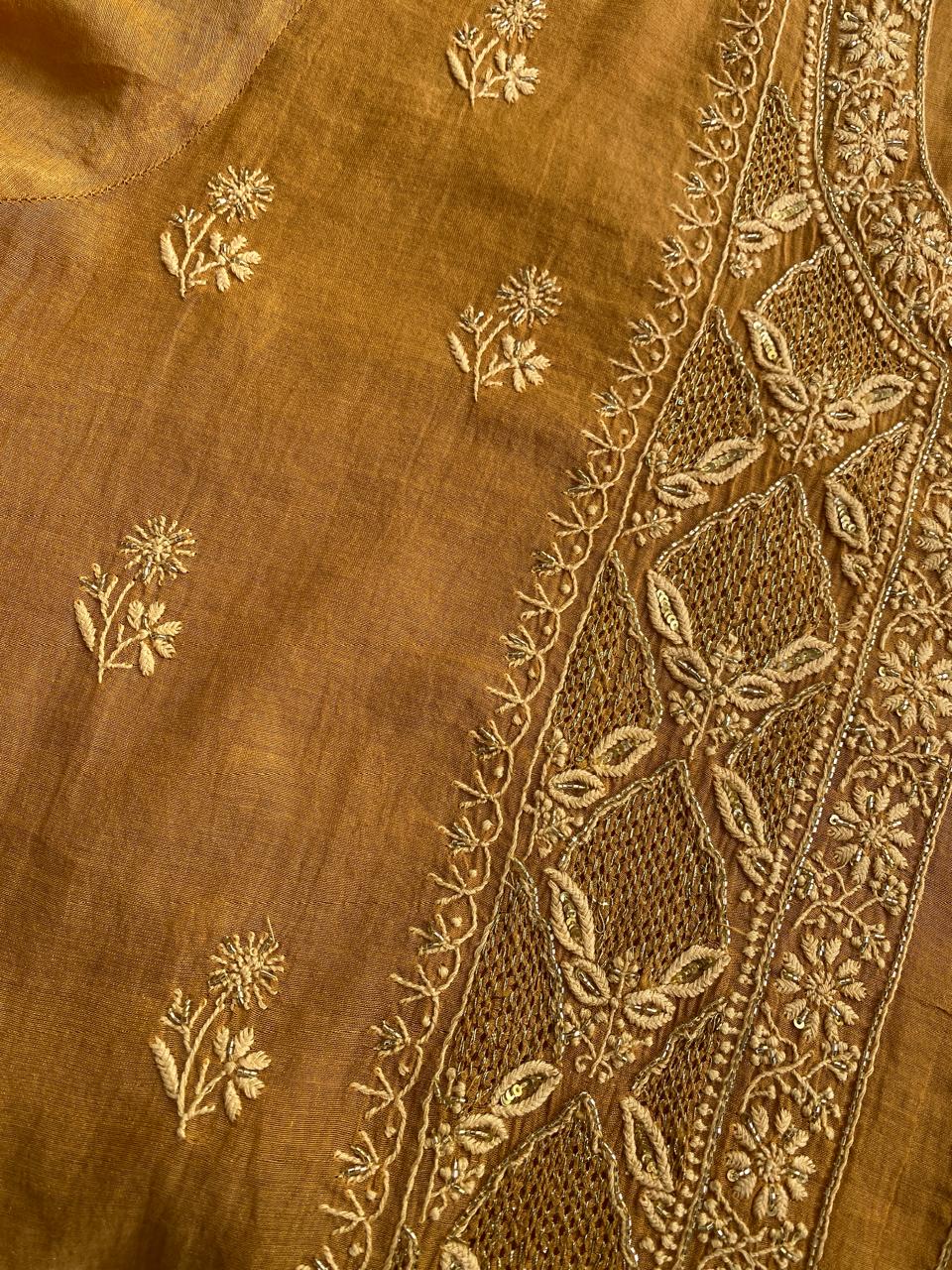 Mustard Yellow Tissue Chikankari Kurta Set with Cutdana