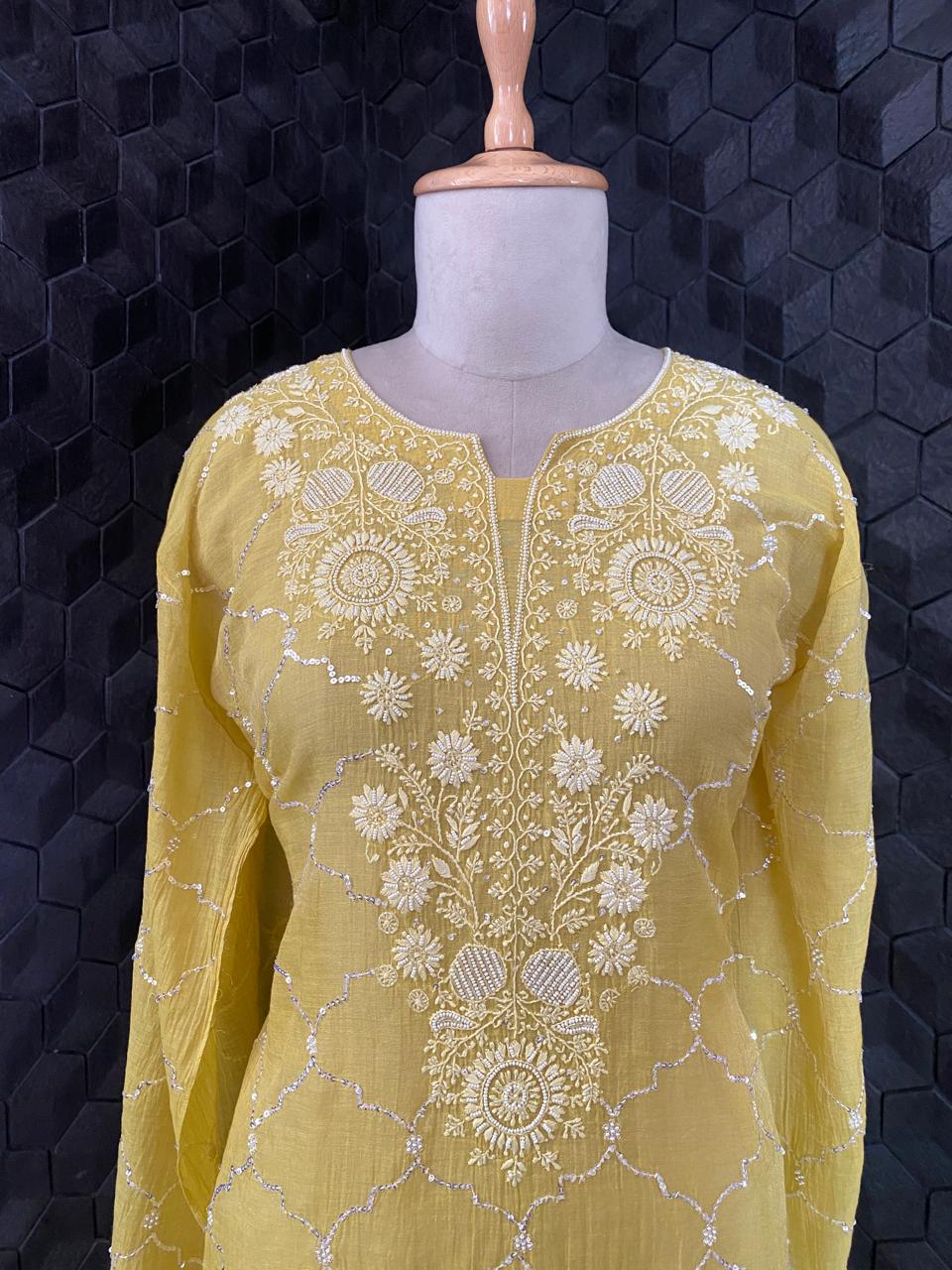 Yellow Silver Tissue Chikankari Co-ord set