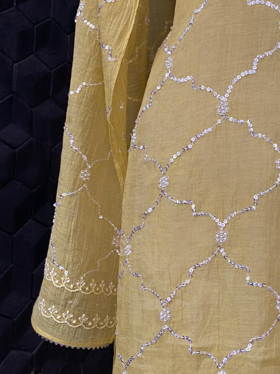 Yellow Silver Tissue Chikankari Co-ord set