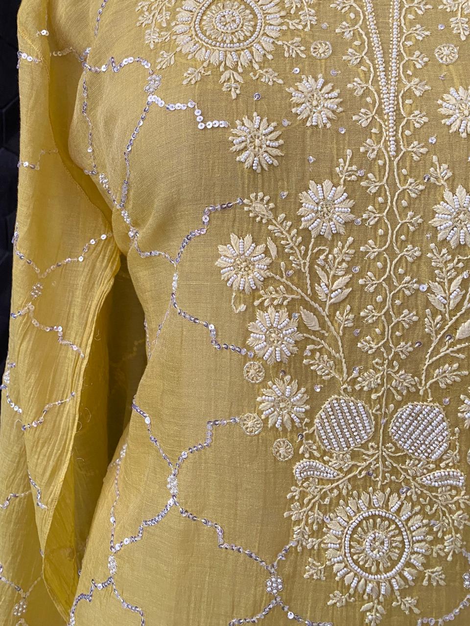 Yellow Silver Tissue Chikankari Co-ord set