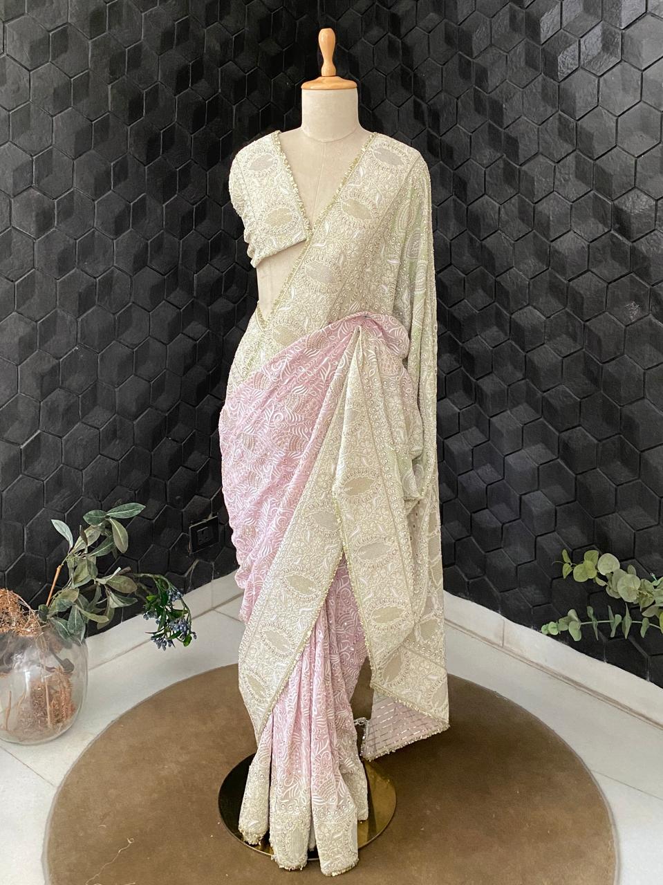 Dual Tone Georgette Chikankari Saree with Statement Fish boota