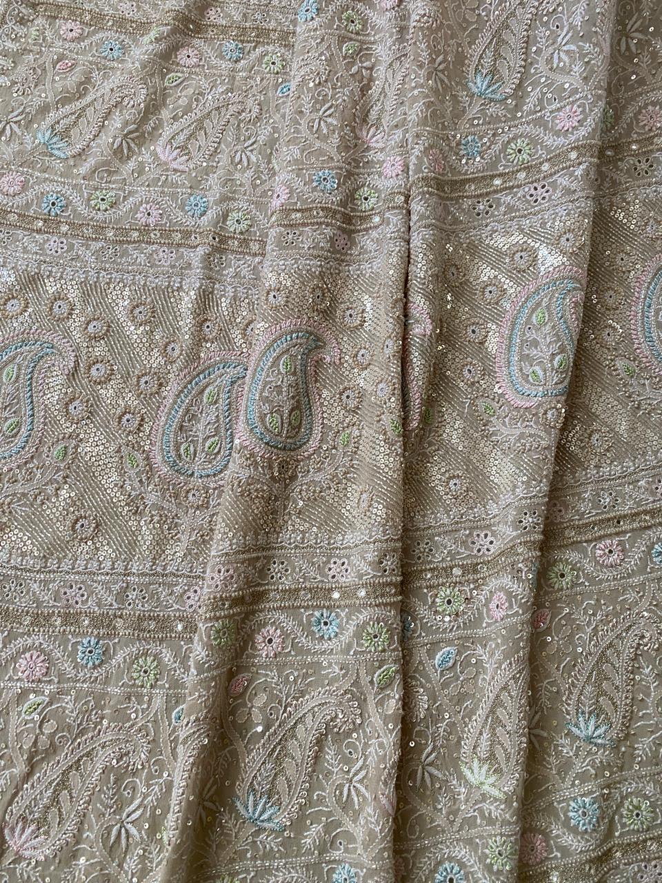 Beige Georgette with Multi Coloured Thread Chikankari Saree