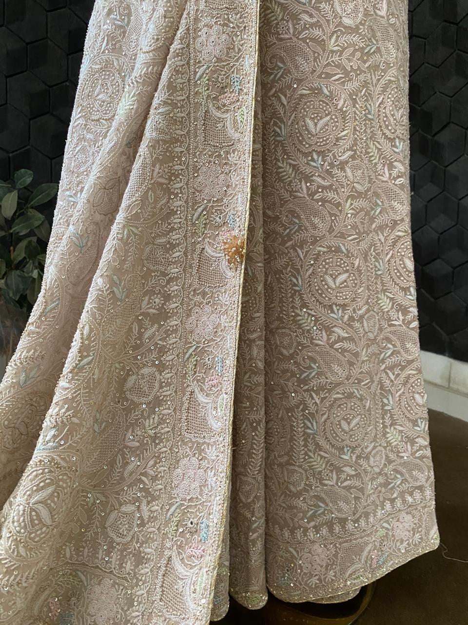 Beige Georgette with Multi Coloured Thread Chikankari Saree