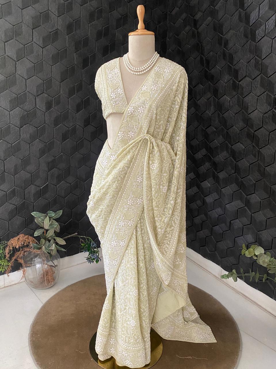 Sage Green Georgette Chikankari Saree