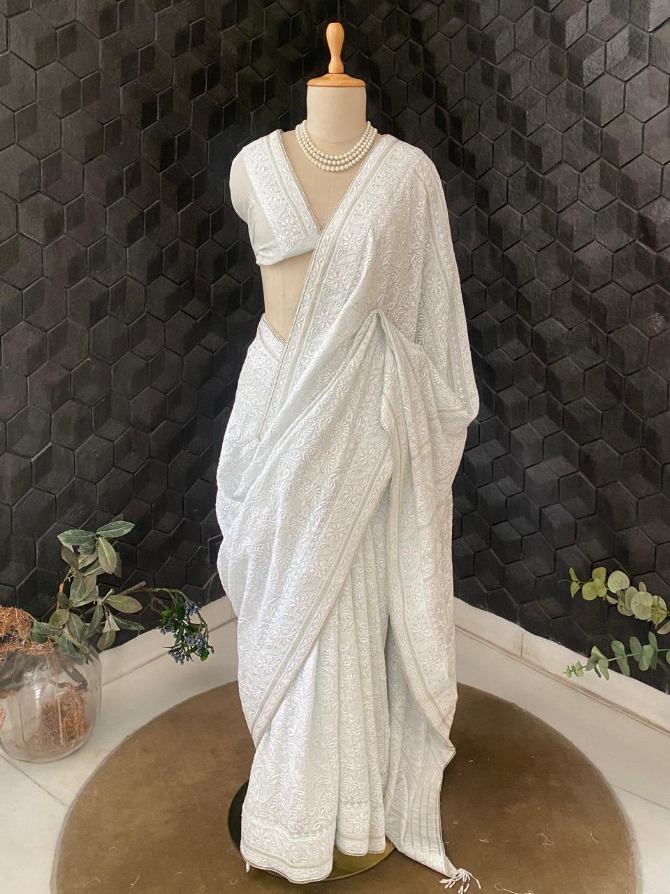Sky Blue Georgette Chikankari Saree with Cutdana and Sequins Work
