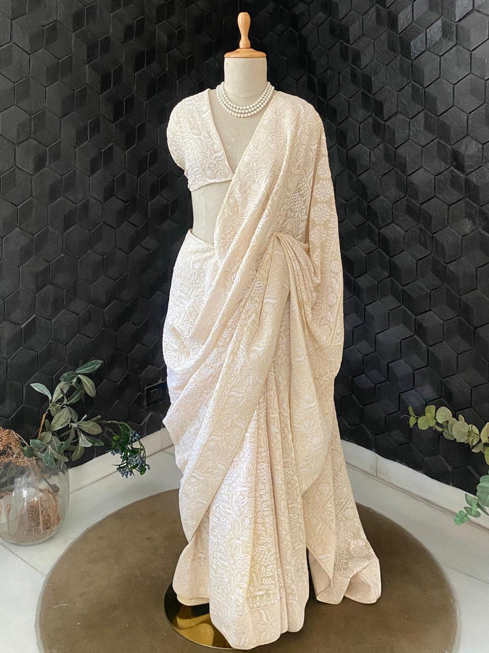Beige Georgette Chikankari Saree with Peacock Motifs