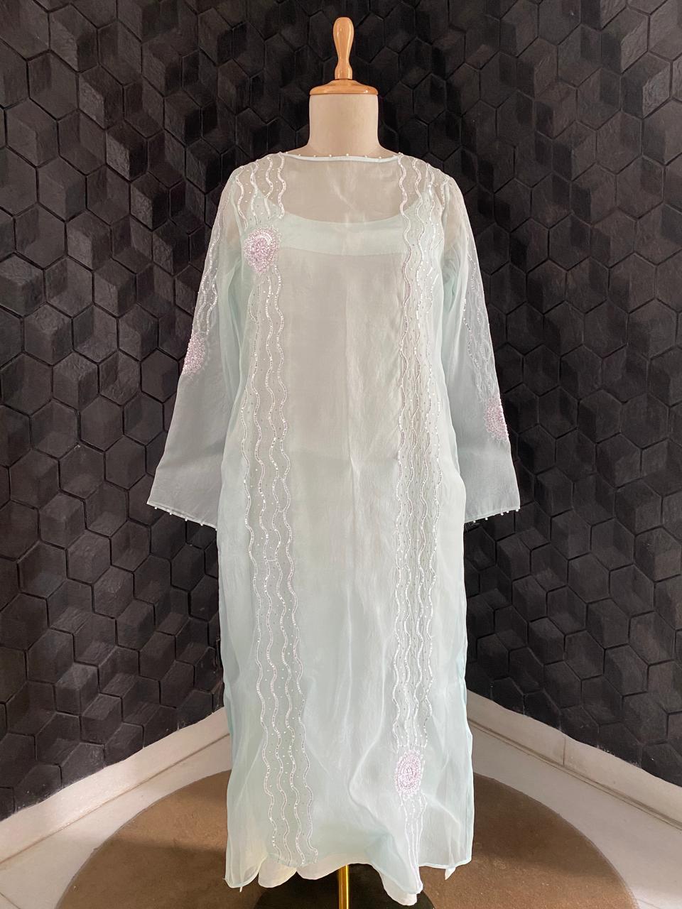 Sea Green Chikankari Long Kurta in Organza