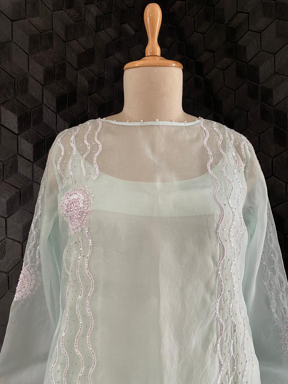 Sea Green Chikankari Long Kurta in Organza