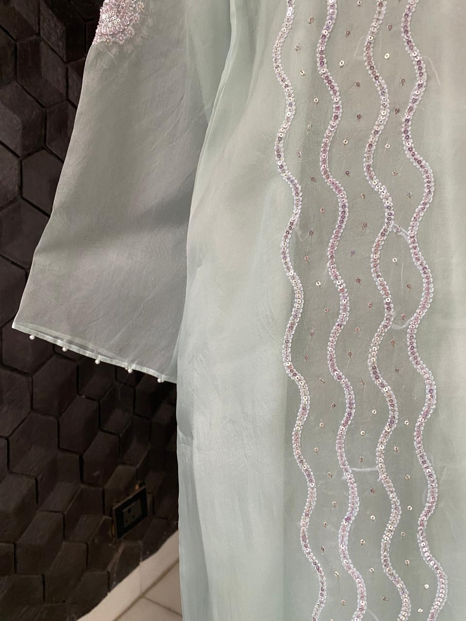 Sea Green Chikankari Long Kurta in Organza