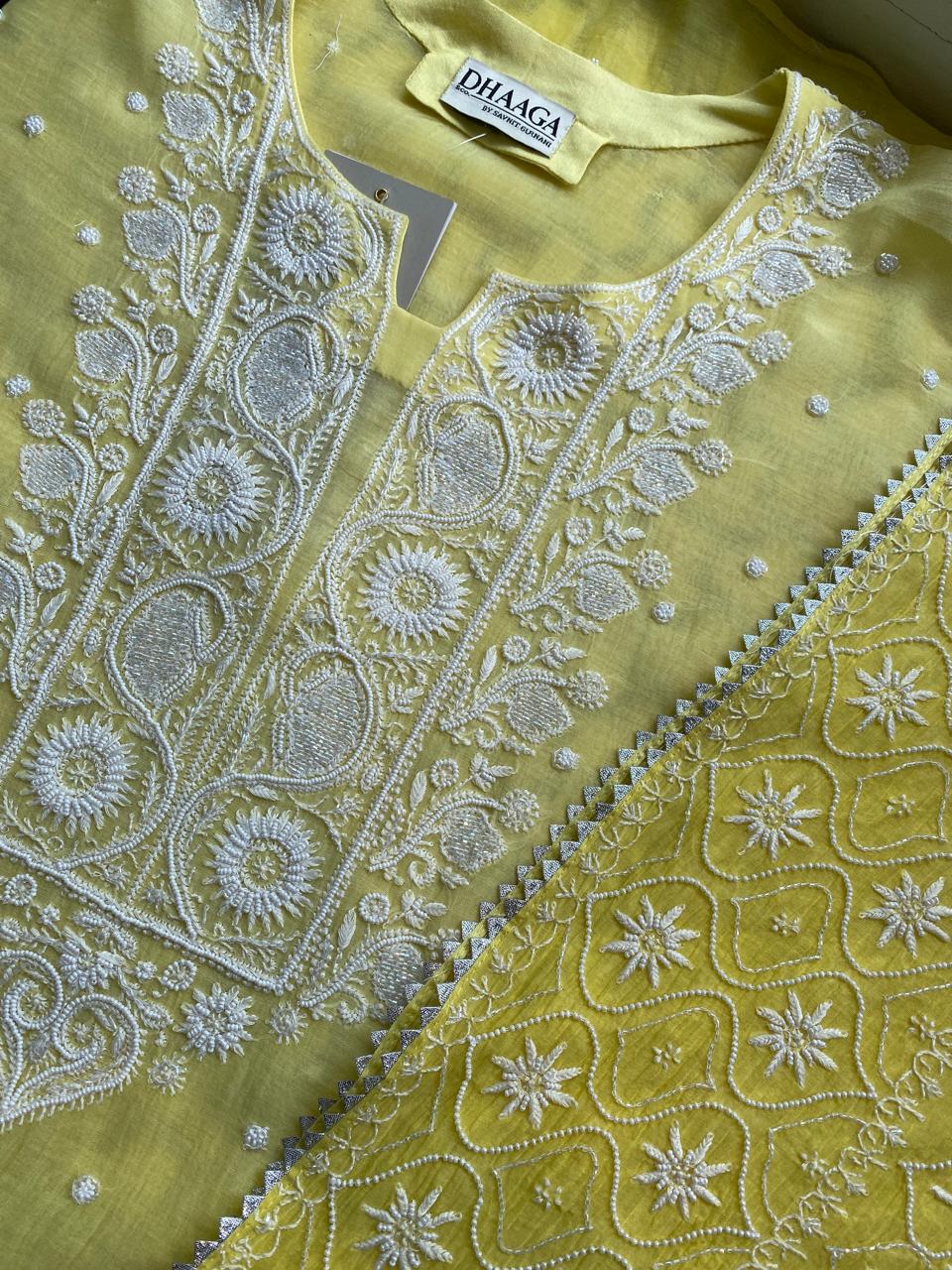 Yellow Mul Chanderi Chikankari Kurta Set