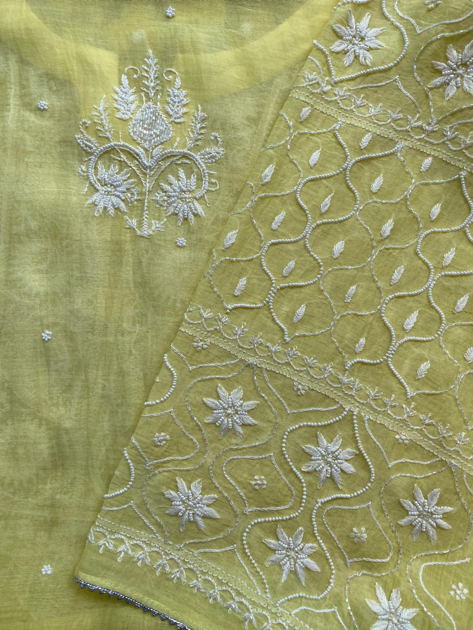 Yellow Mul Chanderi Chikankari Kurta Set